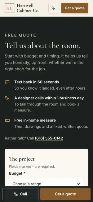 The same cabinet demo on a phone, showing the quote form