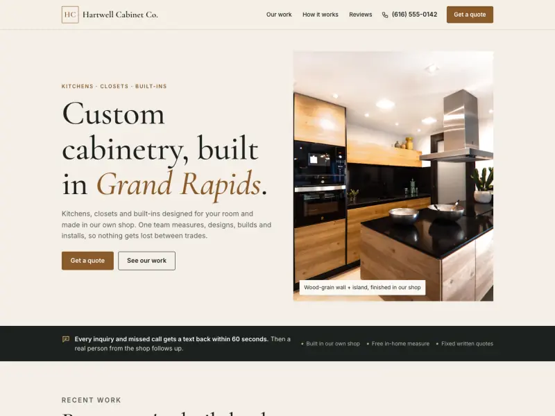 Cabinet and millwork shop demo: kitchen hero photo, gallery and quote form