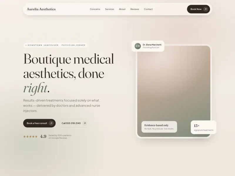 Med spa demo website: treatment menu and consult booking