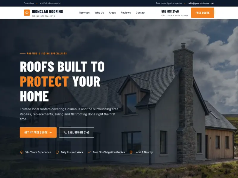 Roofing company demo website: hero, services and quote form